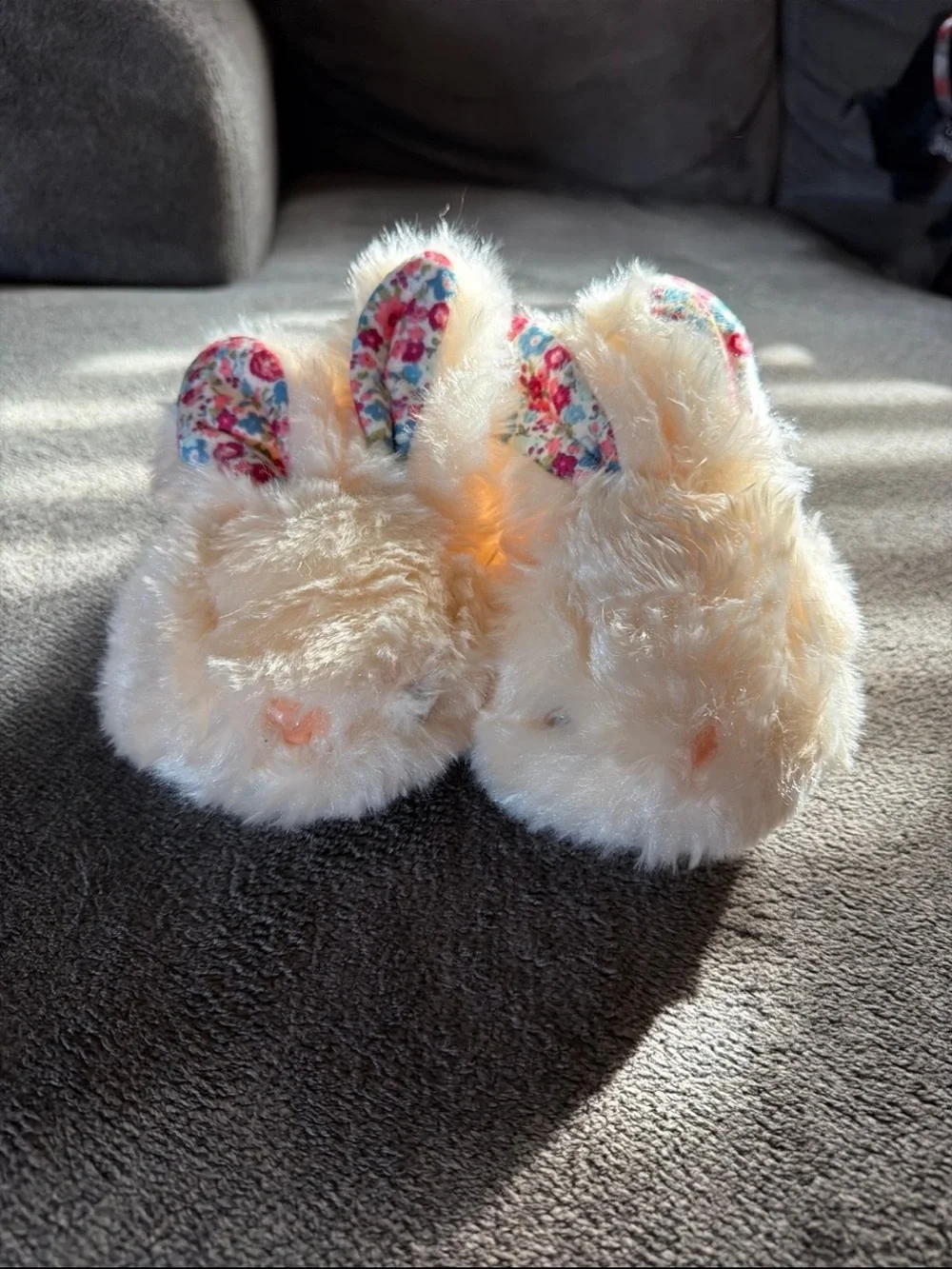 Kids Plush Bunny Slippers in Cream with Floral Ears